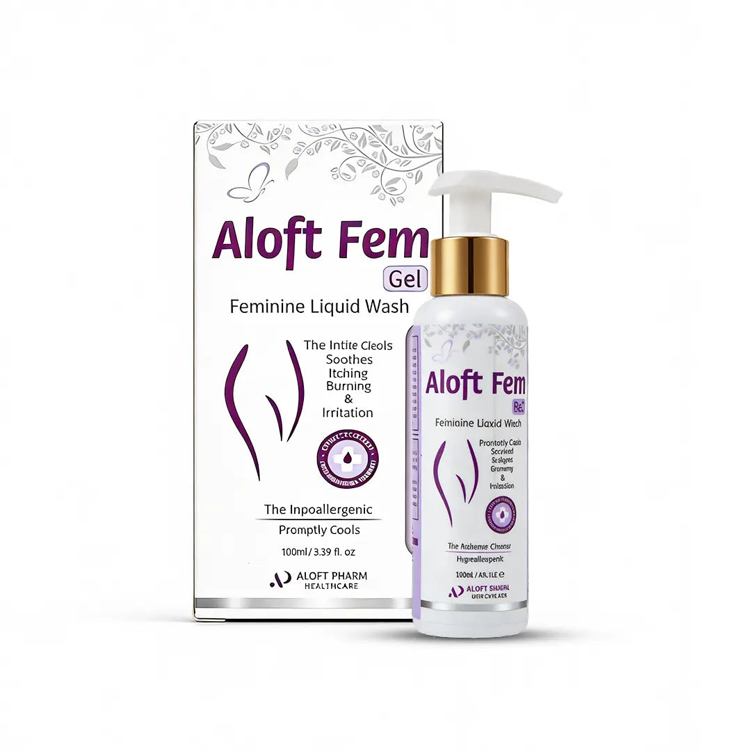 Aloft Fem Feminine Liquid Wash gel bottle and box packaging for intimate hygiene.